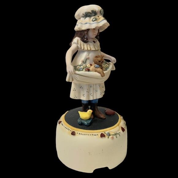 Jan Hagara PORCELAIN GIRL FIGURINE 7” Yellow Duck Chick Kitty Cat Flowers Heart - Picture 4 of 7